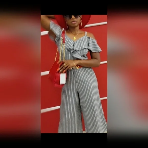 UMGEE - Gray & White Striped Cold-Shoulder Ruffle Jumpsuit - Picture 4 of 7